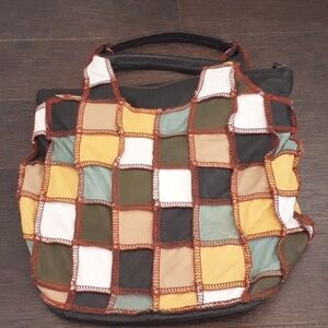 ^ Vintage multi-colour leather patchwork handbag purse
